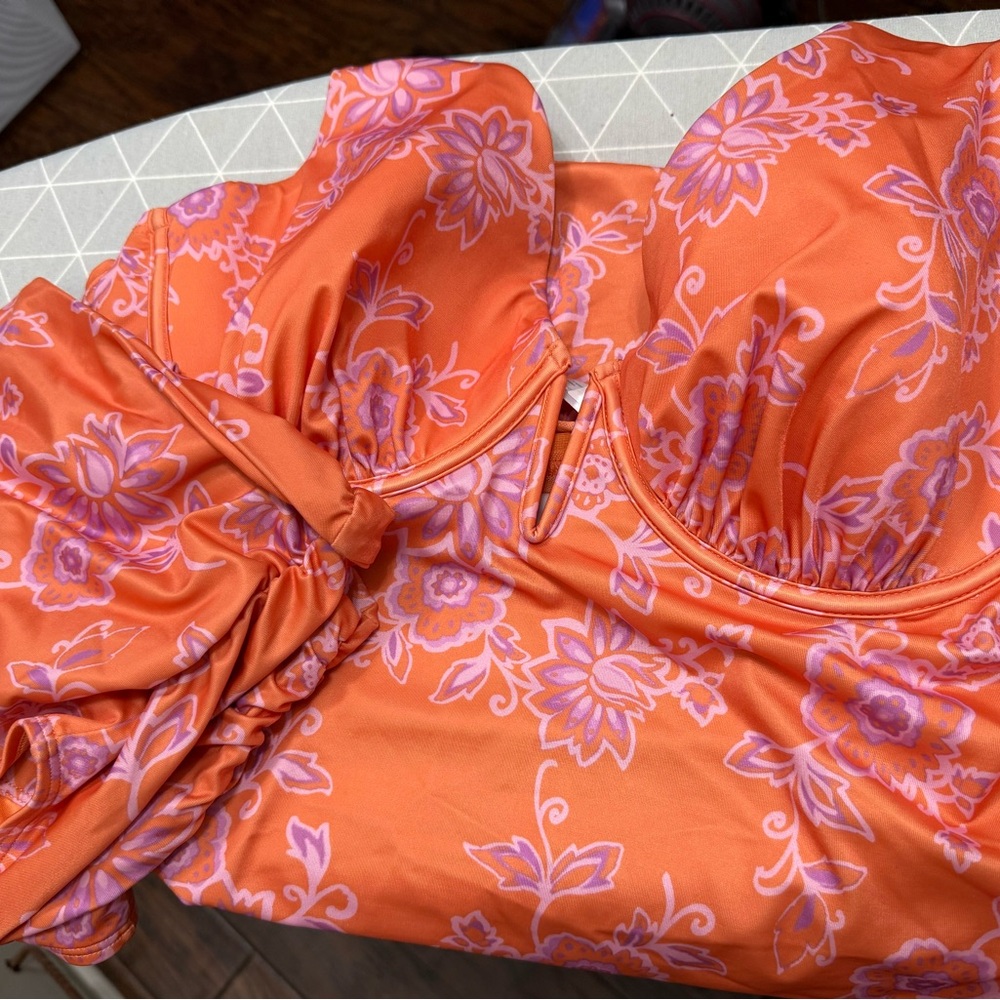 Cacique Bright Orange Bikini with Pink Floral Pattern